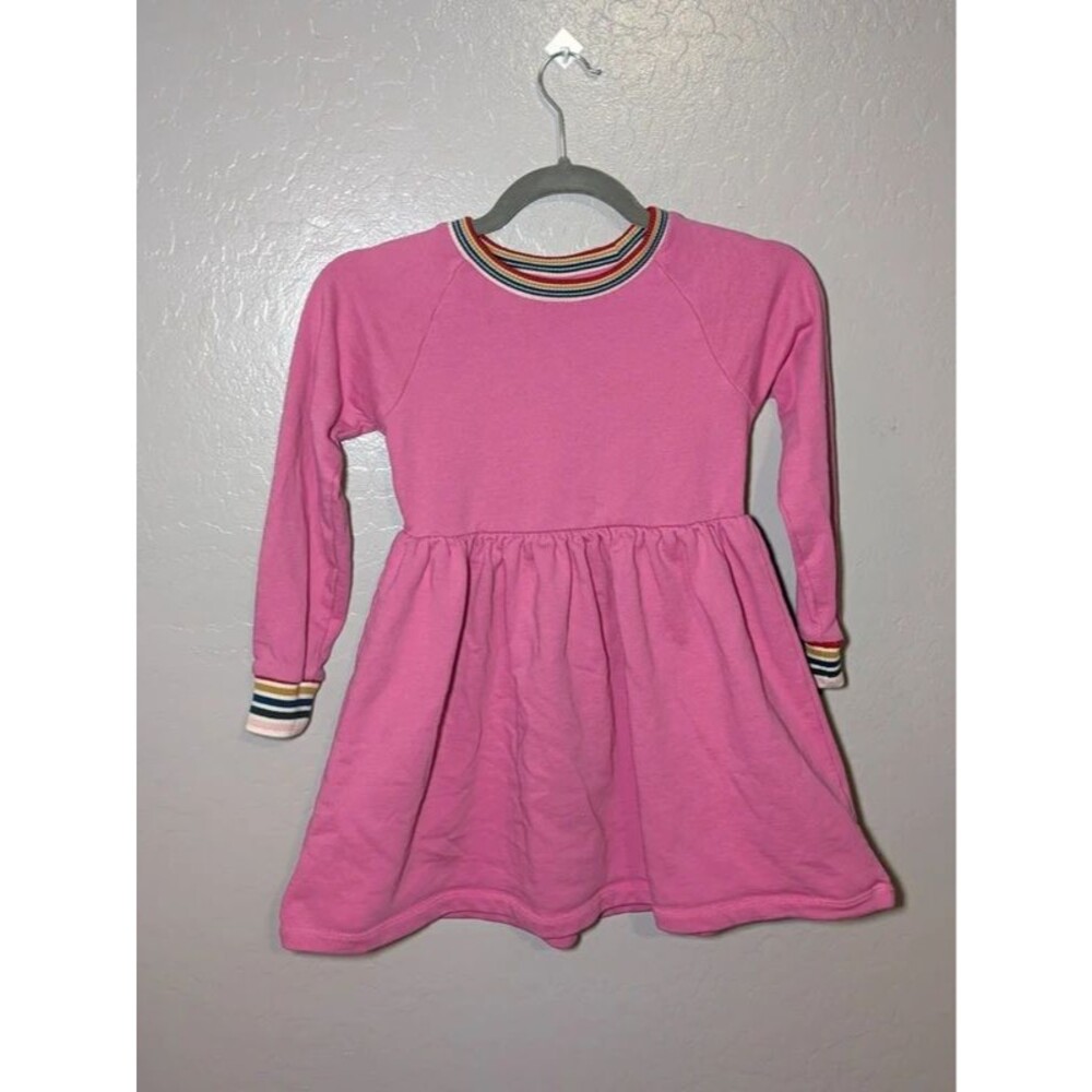 Hanna Andersson Rainbow Knit French Terry Dress Girls 120 6-7 Pink Striped Cuff